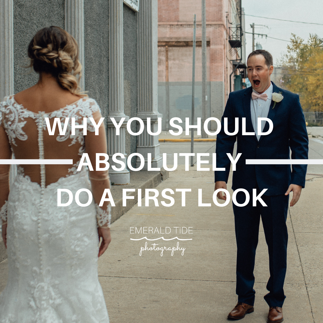 groom seeing his bride for the first time on the street with his mouth wide open, with text overlay that says "Why You Should Absolutely Do a First Look"