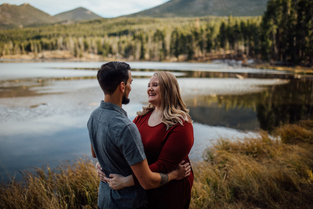 Rocky Mountain Park engagement session in front of Sprague Lake